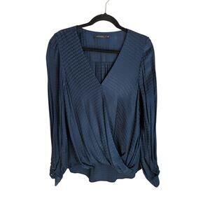 Portmans Navy Satin Houndstooth Faux Wrap Blouse size 14